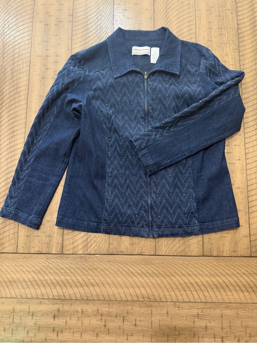 Alfred Dunner Navy Chevron Zip-Front Jean Jacket